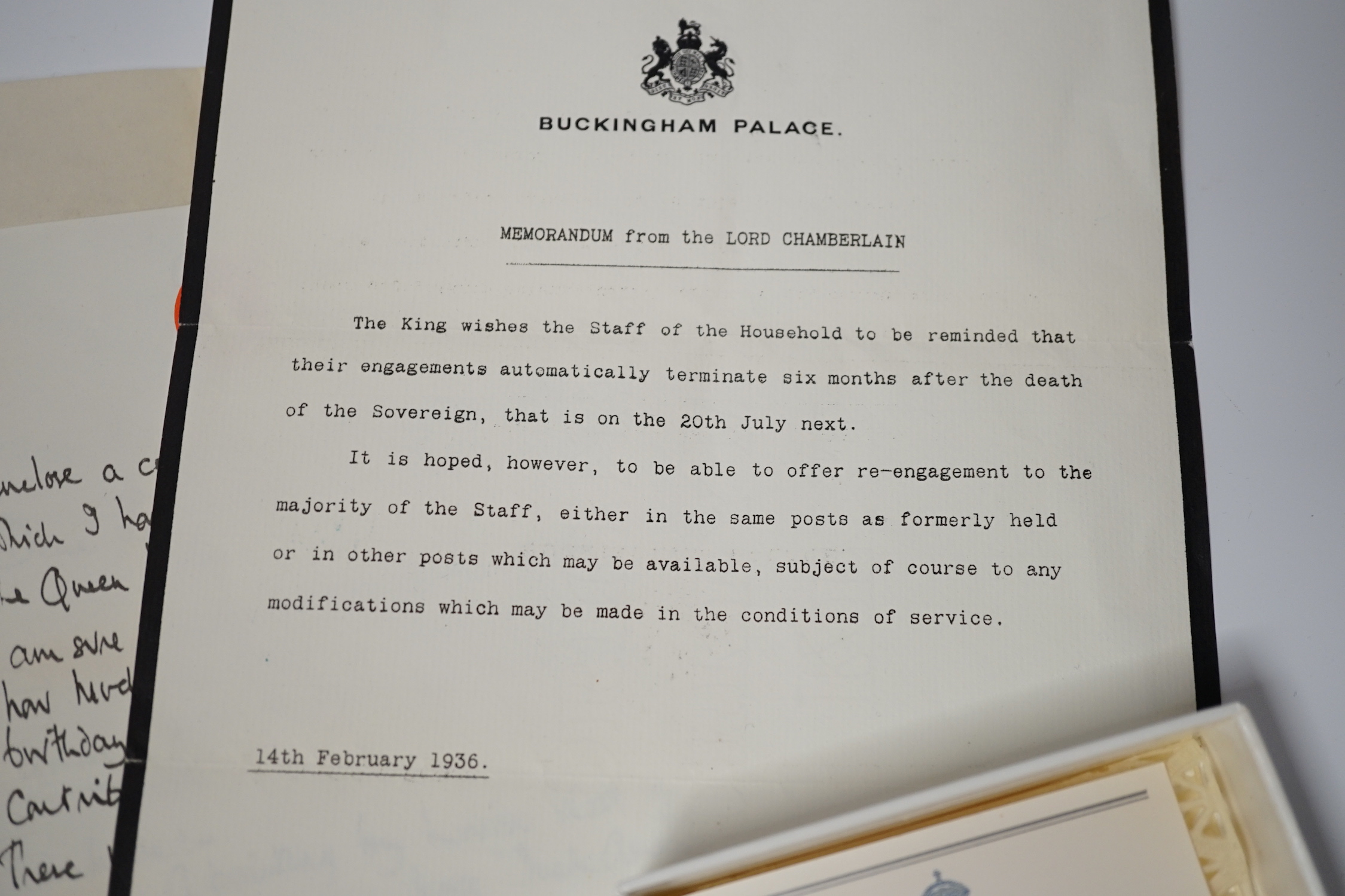 An archive of Royal memorabilia mainly relating to one employee of the Royal Household including; a personal letter from George, Duke of Kent on St. James’ Palace headed notepaper, an original official photocopy of a let